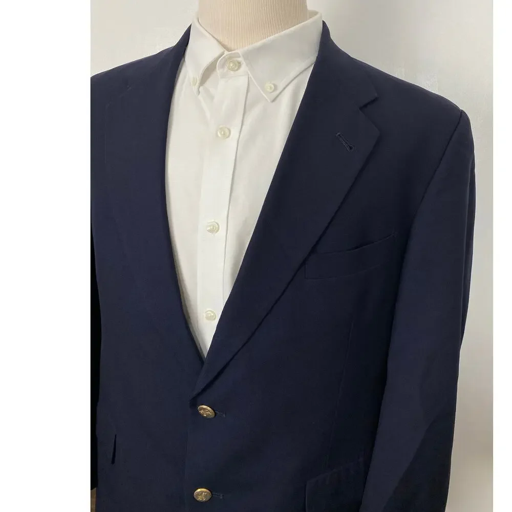 VTG Burberrys USA Union Made gold 2-button logo navy wool blazer, 43S